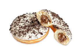 Doughnut With Praline Filling and white chocolate coating  & cookie